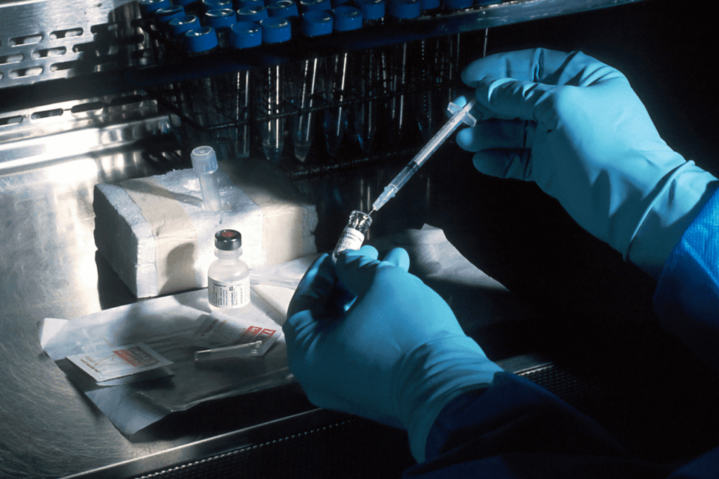 A lab employee uses a syringe - decorative image for DNA testing privacy