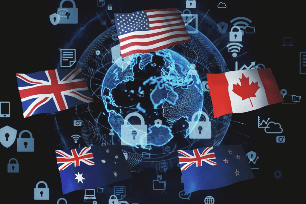Graphic of a blue globe with digital padlocks surrounded by internet icons rests below the flags of the Five Eyes nations: USA, Canads, UK, Australia, New Zealand