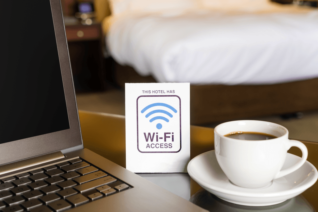 Decorative image for is hotel wi-fi safe blog post depicts Wi-Fi access card in a hotel room