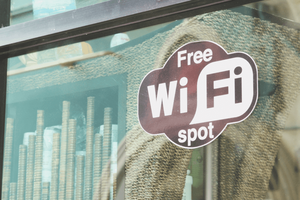 A decal on a cafe window says "Free Wi-Fi Spot"