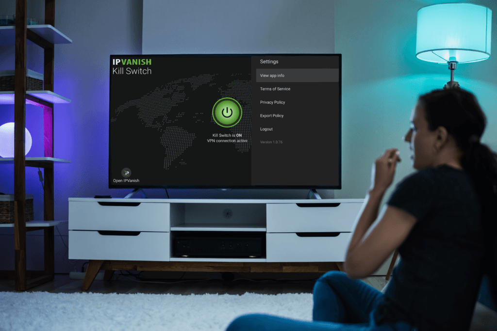 The IPVanish VPN Kill Switch app for Fire TV is displayed on a television